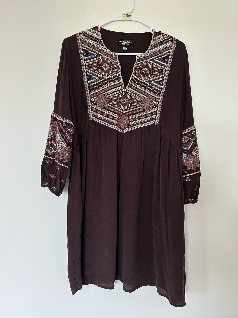 Johnny Was XS Molly Jo Paris Silk Dark Brown Embroidered Boho Mini Dress Fall